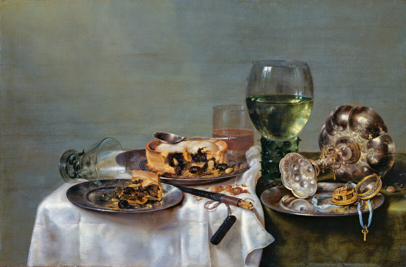 Willem Claesz. Heda, „Frühstück mit Brombeerpastete“, 1631, ein Meisterwerk derkühl reduzierten Mahlzeitenbilder. © Elke Este und Hans-Peter Klut/Gemäldegalerie Alte Meister, SKD