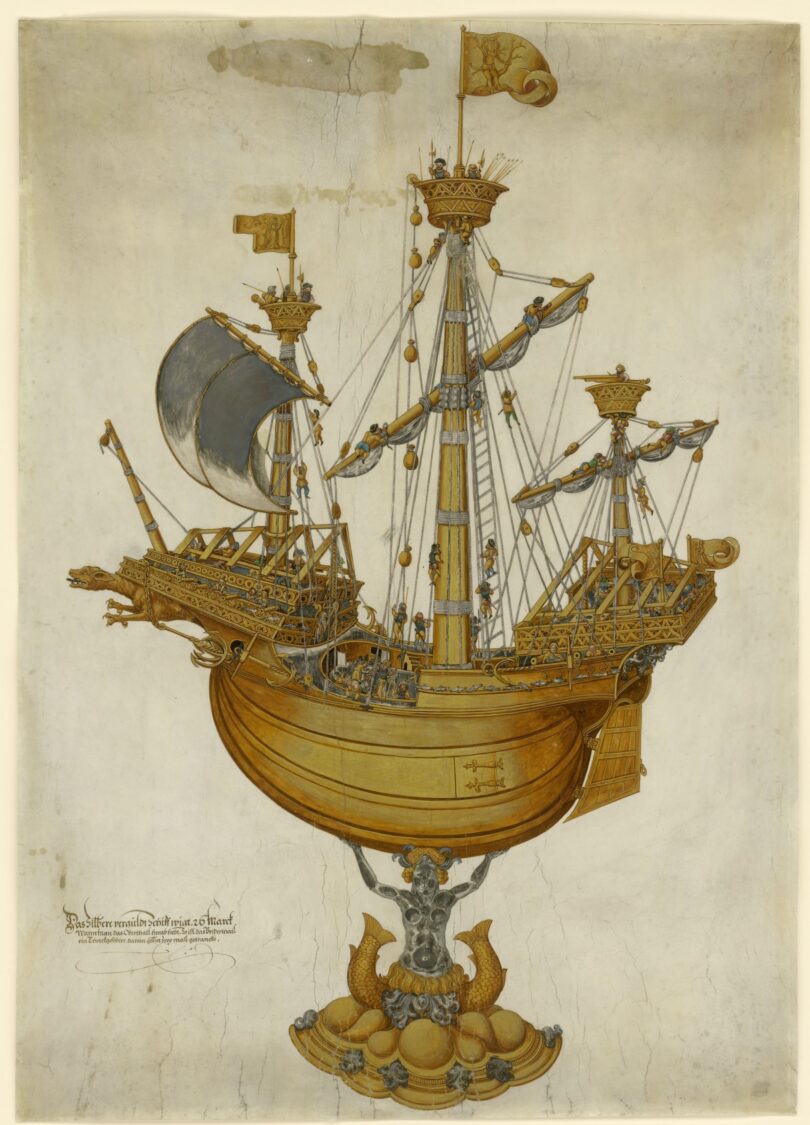 Kolorierte Zeichnung des Schlüsselfelder Schiffes, Werkstatt des Jakob Mores d. Ä., Hamburg, letztes Viertel des 16. Jahrhunderts